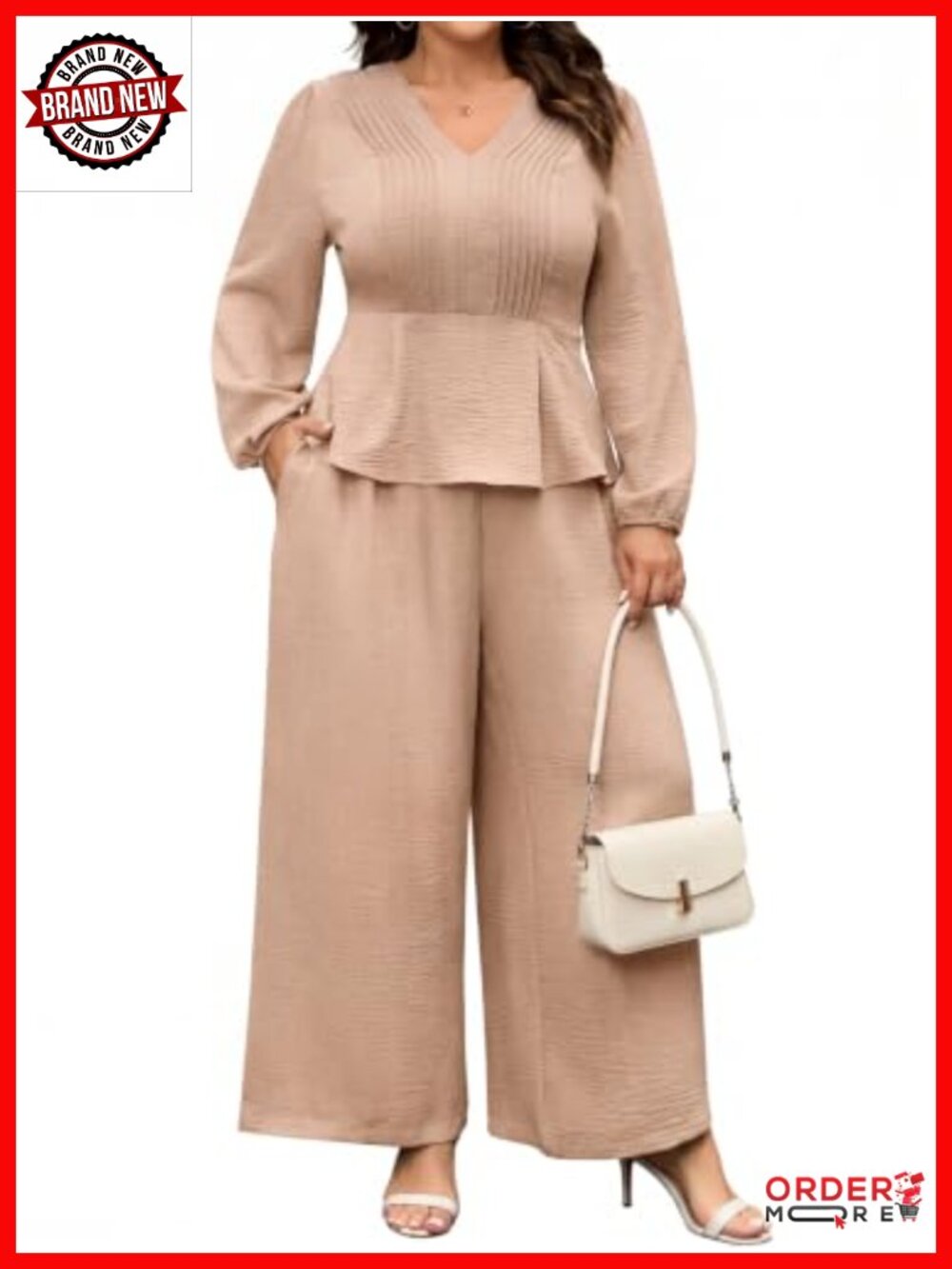 Plus Size 2 Piece Set Long Sleeve Peplum Top Wide Leg Pants Polyester